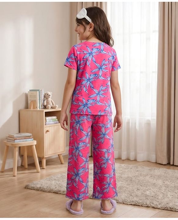 Pine Kids Cotton Knit Half Sleeves Top & Pyjama Co-ord Night Suit With Floral Print - Dark Pink