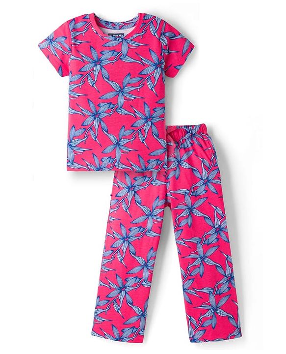 Pine Kids Cotton Knit Half Sleeves Top & Pyjama Co-ord Night Suit With Floral Print - Dark Pink