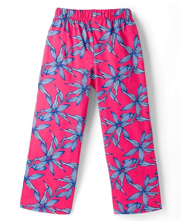 Pine Kids Cotton Knit Half Sleeves Top & Pyjama Co-ord Night Suit With Floral Print - Dark Pink