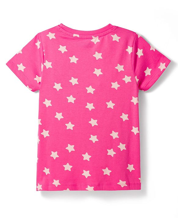 Pine Kids Cotton Knit Half Sleeves Co-Ords T-Shirt & Pyjama Night-Suit With Star Print - Dark Pink