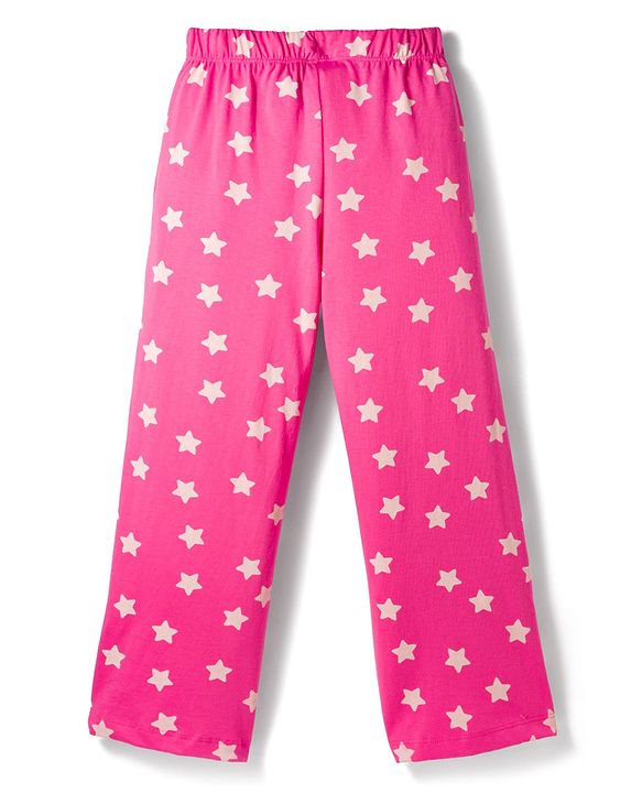 Pine Kids Cotton Knit Half Sleeves Co-Ords T-Shirt & Pyjama Night-Suit With Star Print - Dark Pink