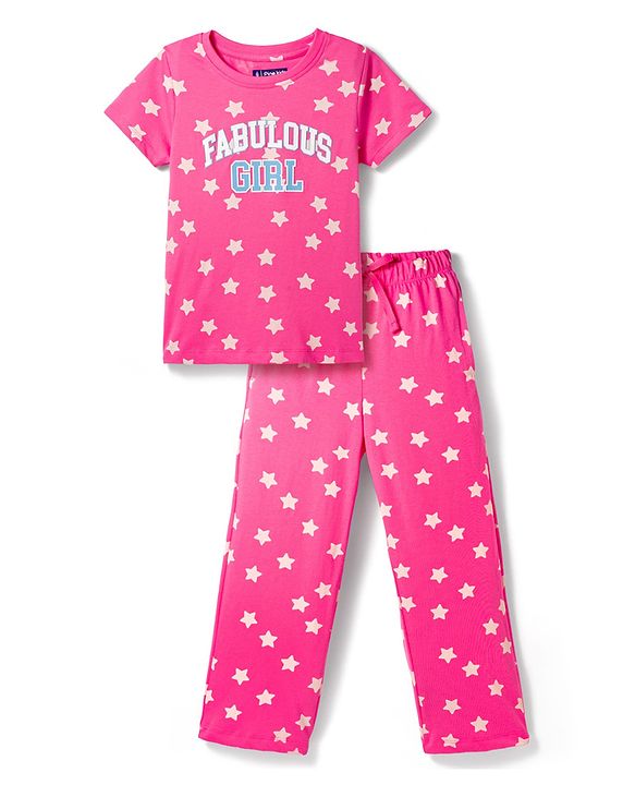 Pine Kids Cotton Knit Half Sleeves Co-Ords T-Shirt & Pyjama Night-Suit With Star Print - Dark Pink