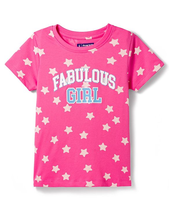 Pine Kids Cotton Knit Half Sleeves Co-Ords T-Shirt & Pyjama Night-Suit With Star Print - Dark Pink