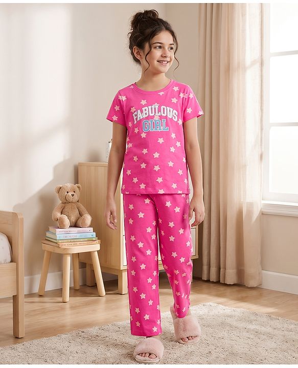 Pine Kids Cotton Knit Half Sleeves Co-Ords T-Shirt & Pyjama Night-Suit With Star Print - Dark Pink