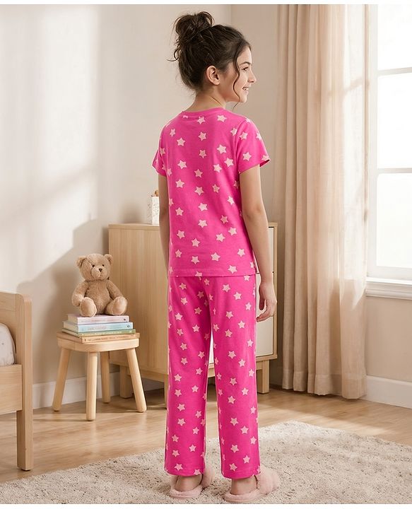 Pine Kids Cotton Knit Half Sleeves Co-Ords T-Shirt & Pyjama Night-Suit With Star Print - Dark Pink