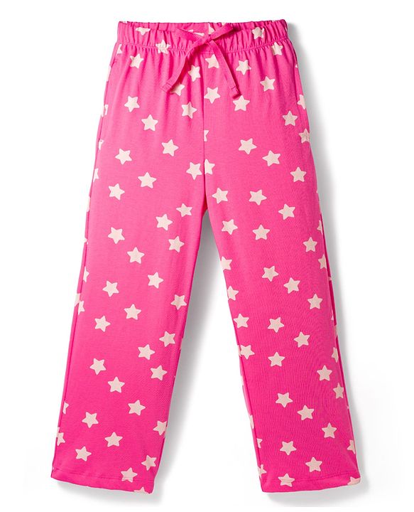 Pine Kids Cotton Knit Half Sleeves Co-Ords T-Shirt & Pyjama Night-Suit With Star Print - Dark Pink