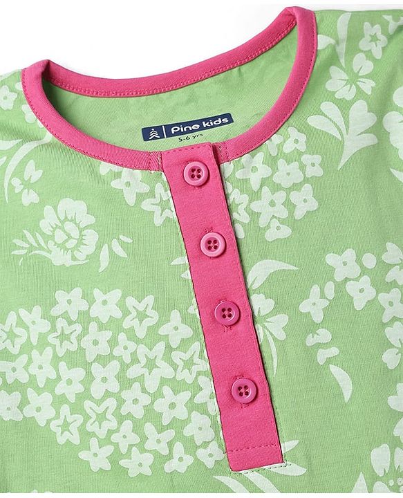 Pine Kids Cotton Knit Half Sleeves Floral Printed Co-Ords Top & Pyjama Night Suit - Light Green