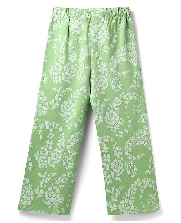 Pine Kids Cotton Knit Half Sleeves Floral Printed Co-Ords Top & Pyjama Night Suit - Light Green