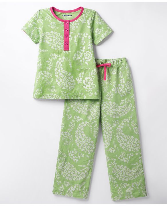 Pine Kids Cotton Knit Half Sleeves Floral Printed Co-Ords Top & Pyjama Night Suit - Light Green