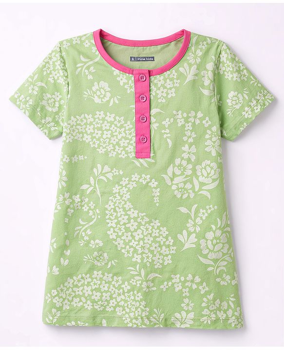 Pine Kids Cotton Knit Half Sleeves Floral Printed Co-Ords Top & Pyjama Night Suit - Light Green