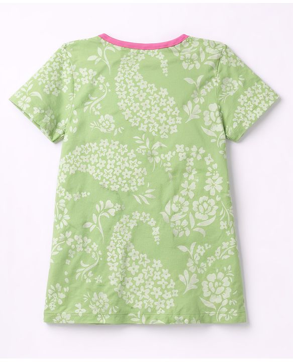 Pine Kids Cotton Knit Half Sleeves Floral Printed Co-Ords Top & Pyjama Night Suit - Light Green