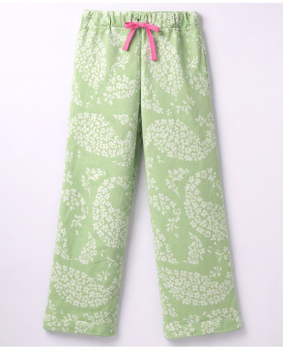 Pine Kids Cotton Knit Half Sleeves Floral Printed Co-Ords Top & Pyjama Night Suit - Light Green