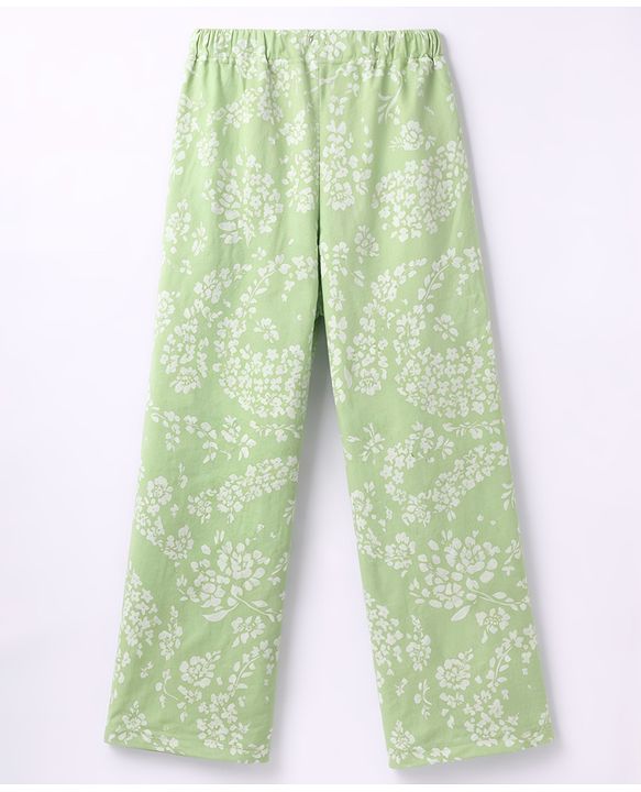 Pine Kids Cotton Knit Half Sleeves Floral Printed Co-Ords Top & Pyjama Night Suit - Light Green