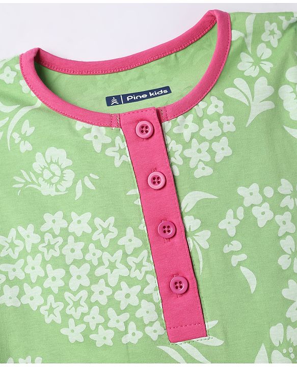 Pine Kids Cotton Knit Half Sleeves Floral Printed Co-Ords Top & Pyjama Night Suit - Light Green
