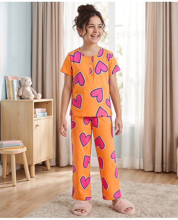Pine Kids Cotton Knit Half Sleeves Co-Ords T-Shirt & Pyjama Night-Suit With Heart Print - Orange