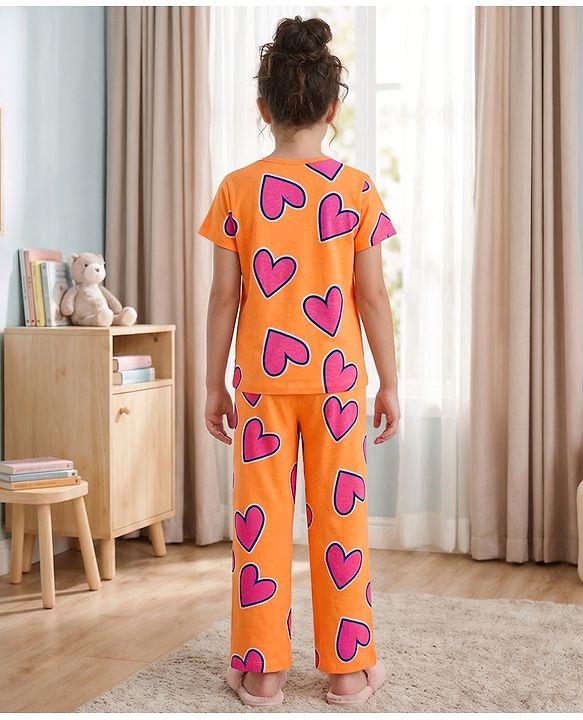 Pine Kids Cotton Knit Half Sleeves Co-Ords T-Shirt & Pyjama Night-Suit With Heart Print - Orange