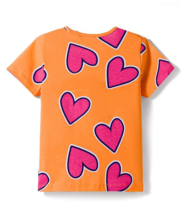 Pine Kids Cotton Knit Half Sleeves Co-Ords T-Shirt & Pyjama Night-Suit With Heart Print - Orange