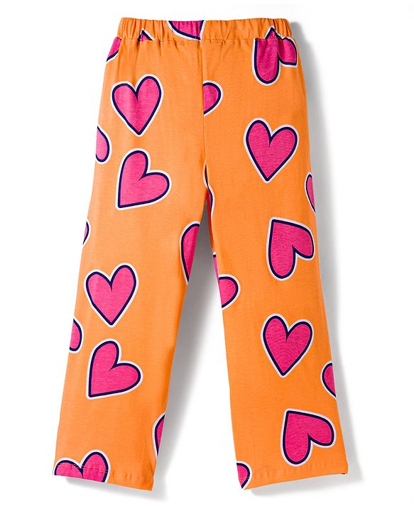 Pine Kids Cotton Knit Half Sleeves Co-Ords T-Shirt & Pyjama Night-Suit With Heart Print - Orange
