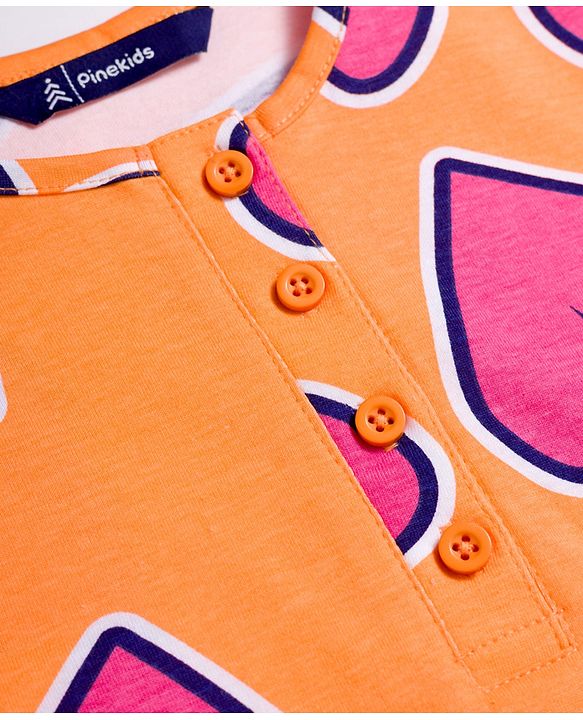 Pine Kids Cotton Knit Half Sleeves Co-Ords T-Shirt & Pyjama Night-Suit With Heart Print - Orange