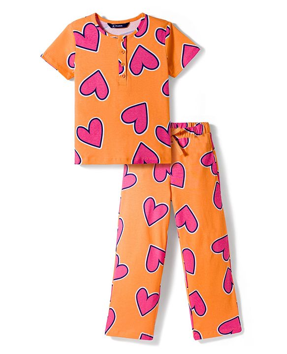Pine Kids Cotton Knit Half Sleeves Co-Ords T-Shirt & Pyjama Night-Suit With Heart Print - Orange