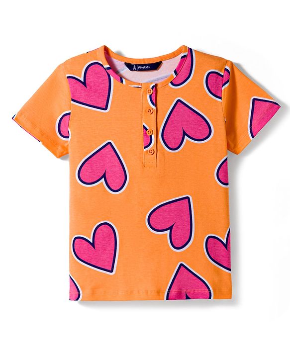 Pine Kids Cotton Knit Half Sleeves Co-Ords T-Shirt & Pyjama Night-Suit With Heart Print - Orange