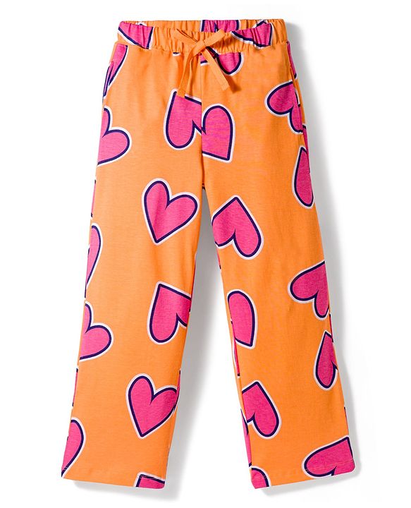 Pine Kids Cotton Knit Half Sleeves Co-Ords T-Shirt & Pyjama Night-Suit With Heart Print - Orange