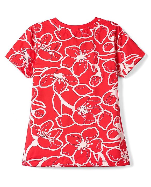 Pine Kids Cotton Knit Half Sleeve Co-Ord T-Shirt & Pyjama Night-Suit With Text & Floral Print - Red