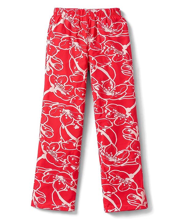 Pine Kids Cotton Knit Half Sleeve Co-Ord T-Shirt & Pyjama Night-Suit With Text & Floral Print - Red