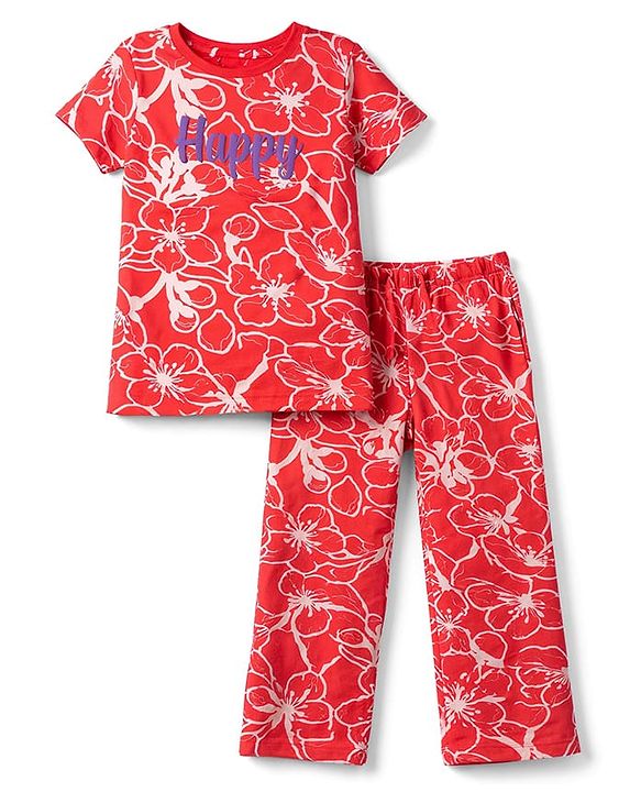 Pine Kids Cotton Knit Half Sleeve Co-Ord T-Shirt & Pyjama Night-Suit With Text & Floral Print - Red