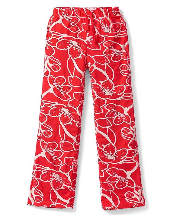 Pine Kids Cotton Knit Half Sleeve Co-Ord T-Shirt & Pyjama Night-Suit With Text & Floral Print - Red
