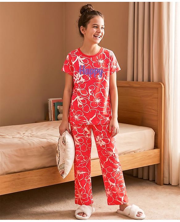 Pine Kids Cotton Knit Half Sleeve Co-Ord T-Shirt & Pyjama Night-Suit With Text & Floral Print - Red