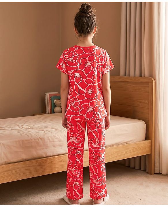Pine Kids Cotton Knit Half Sleeve Co-Ord T-Shirt & Pyjama Night-Suit With Text & Floral Print - Red