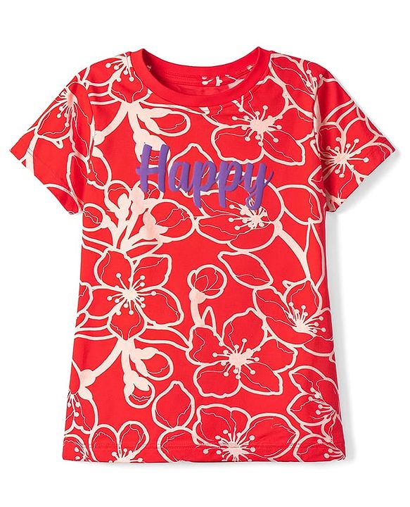 Pine Kids Cotton Knit Half Sleeve Co-Ord T-Shirt & Pyjama Night-Suit With Text & Floral Print - Red