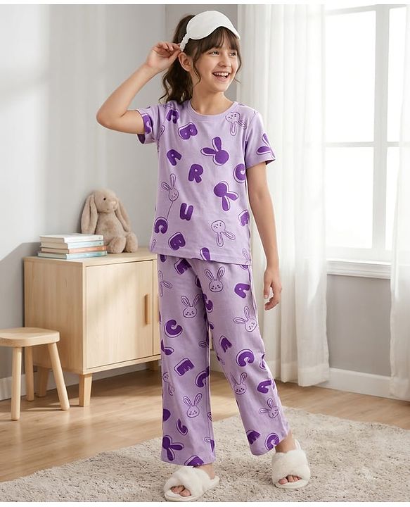 Pine Kids Cotton Knit Half Sleeves Top & Pyjama Co-ord Night Suit With Bunny Print - Purple