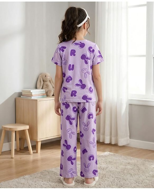 Pine Kids Cotton Knit Half Sleeves Top & Pyjama Co-ord Night Suit With Bunny Print - Purple