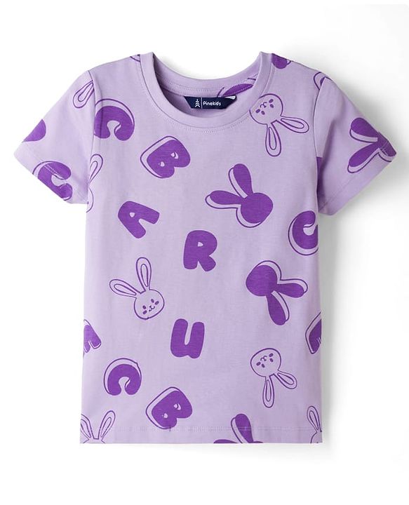 Pine Kids Cotton Knit Half Sleeves Top & Pyjama Co-ord Night Suit With Bunny Print - Purple