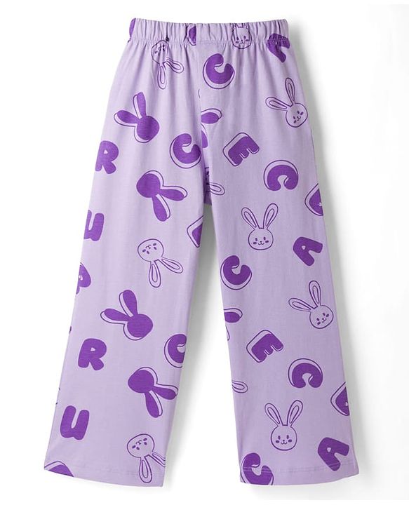 Pine Kids Cotton Knit Half Sleeves Top & Pyjama Co-ord Night Suit With Bunny Print - Purple