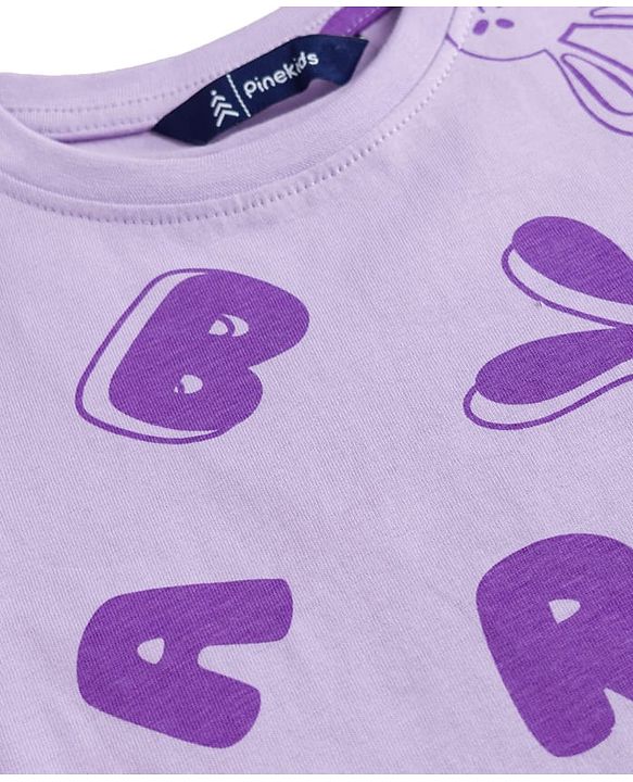 Pine Kids Cotton Knit Half Sleeves Top & Pyjama Co-ord Night Suit With Bunny Print - Purple