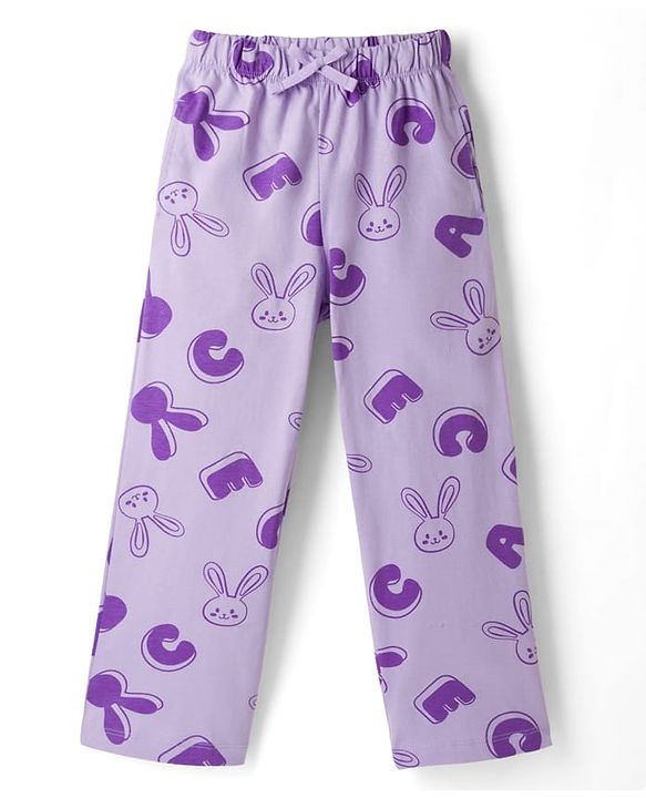 Pine Kids Cotton Knit Half Sleeves Top & Pyjama Co-ord Night Suit With Bunny Print - Purple
