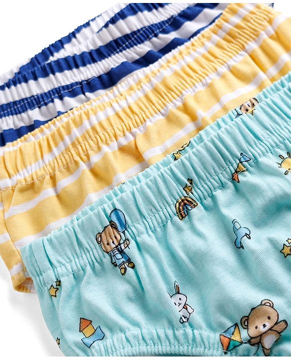 Babyhug 100% Cotton Single Jersey Knit Antibacterial Striped Briefs Pack of 3 With Teddy Print - Multicolor