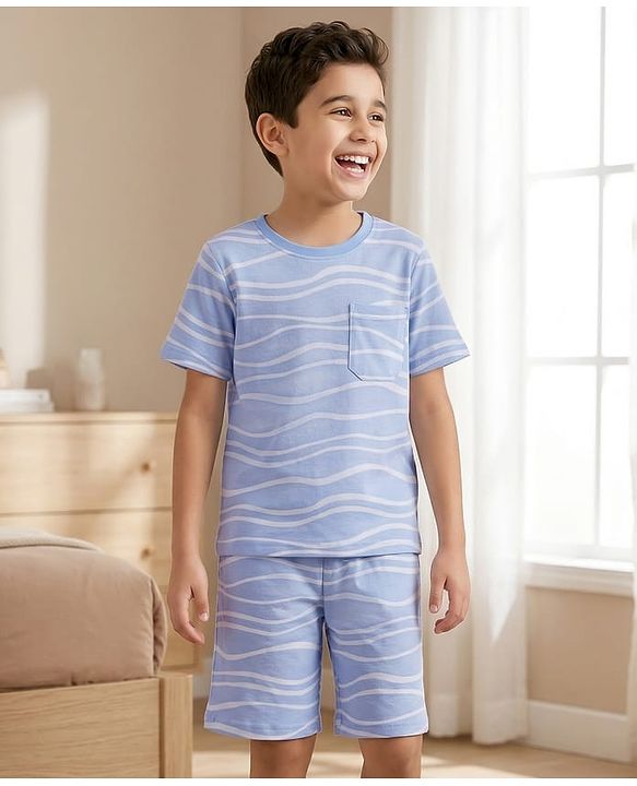Pine Kids Cotton Knit Half Sleeves Printed T-Shirt & Shorts Co-ord Night Suit - Blue