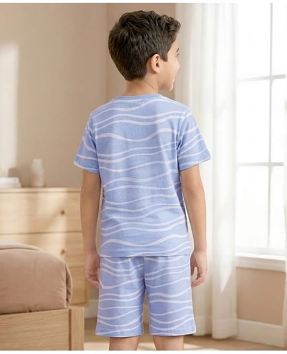 Pine Kids Cotton Knit Half Sleeves Printed T-Shirt & Shorts Co-ord Night Suit - Blue