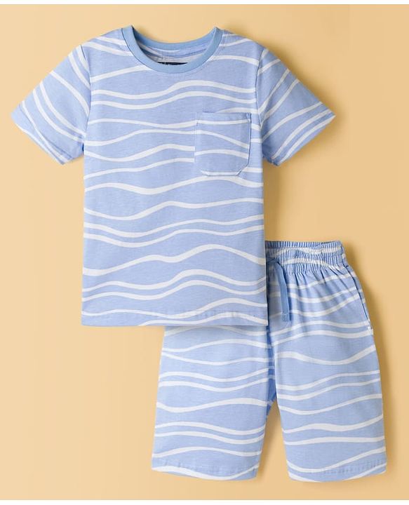 Pine Kids Cotton Knit Half Sleeves Printed T-Shirt & Shorts Co-ord Night Suit - Blue