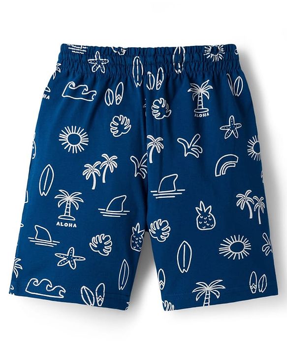 Pine Kids Cotton Knit Half Sleeves T-Shirt & Shorts Co-ord Night Suit With Tropical Print - Navy Blue