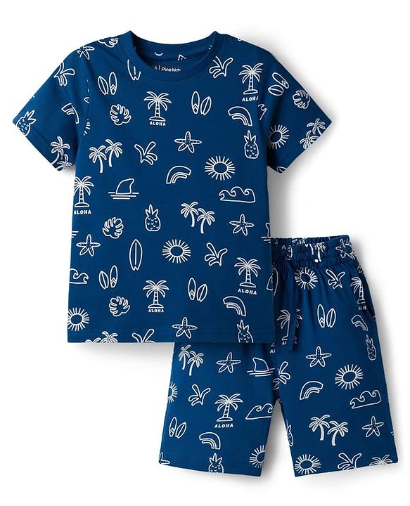 Pine Kids Cotton Knit Half Sleeves T-Shirt & Shorts Co-ord Night Suit With Tropical Print - Navy Blue