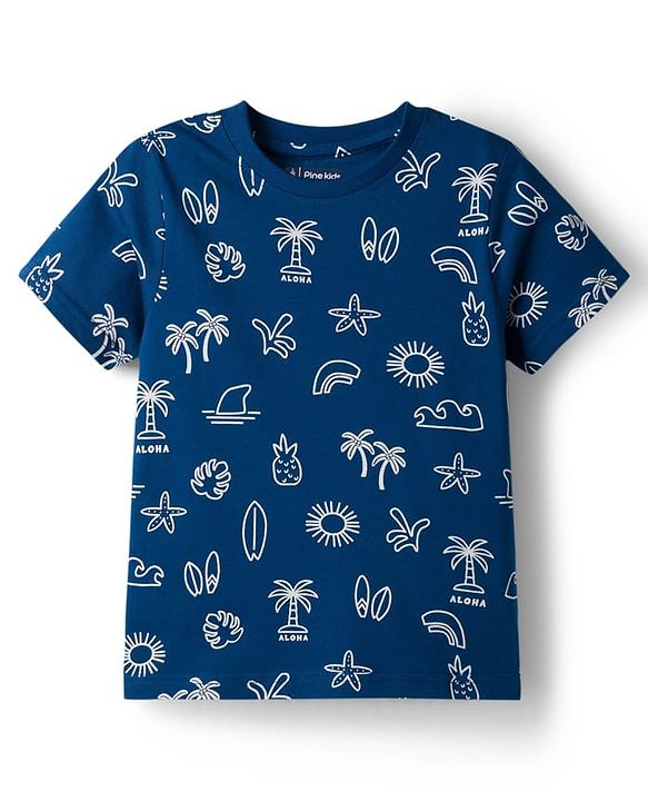 Pine Kids Cotton Knit Half Sleeves T-Shirt & Shorts Co-ord Night Suit With Tropical Print - Navy Blue