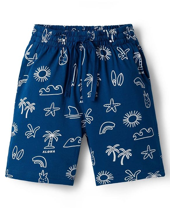 Pine Kids Cotton Knit Half Sleeves T-Shirt & Shorts Co-ord Night Suit With Tropical Print - Navy Blue