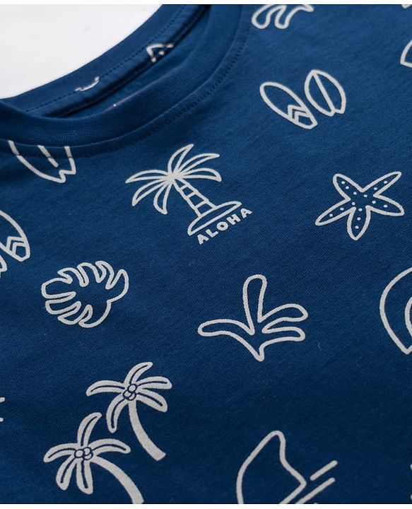 Pine Kids Cotton Knit Half Sleeves T-Shirt & Shorts Co-ord Night Suit With Tropical Print - Navy Blue