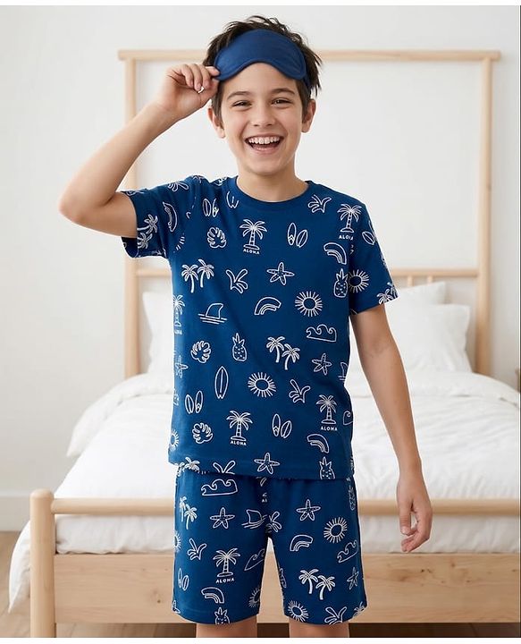 Pine Kids Cotton Knit Half Sleeves T-Shirt & Shorts Co-ord Night Suit With Tropical Print - Navy Blue