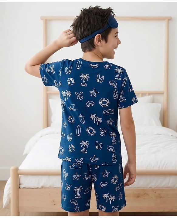 Pine Kids Cotton Knit Half Sleeves T-Shirt & Shorts Co-ord Night Suit With Tropical Print - Navy Blue